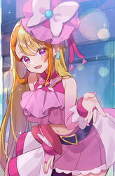  asymmetrical_bangs belt belt_bow black_belt blonde_hair braid braided_bangs bridal_gauntlets brooch butterfly_earrings butterfly_hair_ornament clothing_cutout commentary cure_butterfly earrings female hair_ornament hand_on_own_thigh highres hiiragi_syuu hijiri_ageha hirogaru_sky!_precure jewelry leaning_forward lens_flare long_hair long_sleeves looking_at_viewer magical_girl midriff miniskirt navel open_mouth overskirt pink_eyes pink_headwear pink_nails pink_skirt pleated_skirt precure ring shoulder_cutout side_braid skirt smile solo sparkle standing sunlight twitter_username very_long_hair wing_brooch 