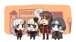  1boy 3girls aged_down aged_up blue_eyes braid brown_eyes brown_gloves brown_hair cape cheekbones cigar cloak demon_tail fate/grand_order fate_(series) fur-trimmed_cloak fur_trim gloves gray_(fate) grey_cape grey_hair grin highres hood hood_up hooded_cape hooded_cloak l.n lord_el-melloi_ii lord_el-melloi_ii_case_files multiple_girls olga_marie_animusphere pantyhose parody reines_el-melloi_archisorte riyo_(lyomsnpmp)_(style) short_hair side_braid smile smug stole style_parody tail tilted_headwear waver_velvet white_hair 