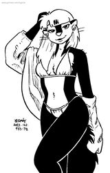  2022 anthro bikini clothing ear_piercing ear_ring female fur hair hi_res kelly_o&#039;dor long_hair looking_at_viewer mammal mephitid monochrome piercing ring_piercing skunk solo swimwear tegerio undressing whiskers zandar&#039;s_saga 