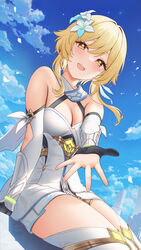  :d absurdres artist_logo artist_name bare_shoulders black_gloves blonde_hair blue_sky blush breasts cleavage cloud day dress falling_petals feather_hair_ornament feathers female flower fukuro_daizi genshin_impact gloves hair_flower hair_ornament highres looking_at_viewer lumine_(genshin_impact) medium_breasts open_mouth outdoors outstretched_hand partially_fingerless_gloves petals short_hair_with_long_locks sitting sky smile solo teeth thighhighs thighs upper_teeth white_dress white_flower white_thighhighs yellow_eyes zettai_ryouiki 