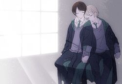  2boys albus_severus_potter black_hair black_robe blonde_hair blue_eyes closed_eyes harry_potter_(series) harry_potter_and_the_cursed_child hogwarts_school_uniform holding_hands ihiro interlocked_fingers multiple_boys necktie robe school_uniform scorpius_malfoy short_hair sitting slytherin striped striped_necktie wizarding_world 