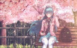  39 absent aqua_hair backpack bag bench cherry_blossoms closed_eyes commentary digital_media_player female fence grey_shirt hatsune_miku headphones highres long_hair necktie outdoors ponytail project_diva_(series) project_diva_f ribbon_girl_(module) shirt sitting skirt solo thighhighs unworn_backpack unworn_bag very_long_hair vocaloid white_thighhighs 