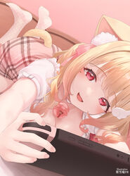  absurdres alt_text animal_ear_fluff animal_ears bell blonde_hair blush breasts cat_ears cat_girl cat_tail cleavage female gradient_hair hair_ribbon handheld_game_console highres kemomimi_refle! kuyukian3 looking_at_viewer lying mole mole_under_eye multicolored_hair neck_bell nekoma_karin nintendo_switch oerba_yun_fang on_stomach open_mouth pink_hair pink_ribbon plaid plaid_skirt red_eyes ribbon shirt short_sleeves skirt solo tail virtual_youtuber 