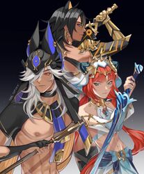  1boy 2girls animal_hood aqua_hair arabian_clothes arm_armor artist_name beacon_of_the_reed_sea_(genshin_impact) black_choker black_hair blue_eyes blue_gemstone choker circlet closed_mouth commentary curled_horns cyno_(genshin_impact) dangle_earrings dark-skinned_female dark-skinned_male dark_skin dehya_(genshin_impact) detached_sleeves earrings egyptian_clothes eyelashes fake_horns gem genshin_impact gold_choker hair_ears hair_over_one_eye haran_geppaku_futsu_(genshin_impact) harem_outfit headdress highres holding holding_polearm holding_sword holding_weapon hood horns jewelry long_hair long_sleeves looking_at_viewer looking_to_the_side low_twintails multicolored_hair multiple_girls navel neck_ring nilou_(genshin_impact) nipples pectorals polearm puffy_long_sleeves puffy_sleeves red_eyes red_hair reverse_grip serious shesofyee staff_of_the_scarlet_sands_(genshin_impact) stomach streaked_hair sword twintails weapon white_hair white_headdress white_veil 