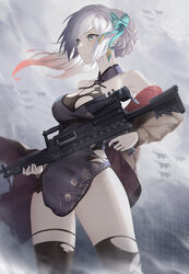  aircraft aqua_bow aqua_ribbon bare_shoulders black_thighhighs blue_eyes bow braid breasts brown_jacket closed_mouth clothes_pull cloud cloudy_sky dress earrings eigo_ichii feet_out_of_frame female from_below girls&#039;_frontline gun hair_ornament hair_ribbon hairbow highres holding holding_weapon jacket jacket_pull jewelry long_hair looking_away lwmmg_(girls&#039;_frontline) lwmmg_(golden_starthistle)_(girls&#039;_frontline) medium_breasts multicolored_hair official_alternate_costume purple_dress ribbon rifle scope sky sniper_rifle solo standing star_(symbol) star_earrings thighhighs torn_clothes torn_thighhighs weapon white_hair 