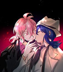  2boys asmodeus_alice black_background blue_hair closed_eyes demon_boy gloves gradient_background hand_up hat kissing kissing_cheek long_sleeves mairimashita!_iruma-kun male_focus mask medium_hair multiple_boys nako_(unclebanana) necktie pink_eyes pink_hair pointy_ears red_background suspenders suzuki_iruma white_gloves white_headwear yaoi 