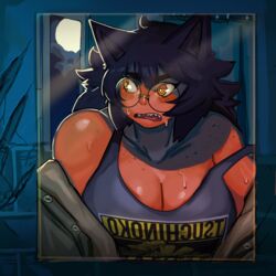  animal_ears black-framed_eyewear black_hair body_freckles breasts cleavage dark-skinned_female dark_skin ezzydraws female freckles full_moon glasses highres large_breasts long_hair messy_hair mirror moon orange_eyes original ringed_eyes round_eyewear sharp_teeth sweat teeth wolf_ears wolf_girl 