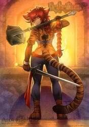  2021 abluedeer anthro ass auri_(bethellium) bethellium butt_pose felid female fur hair hammer hi_res looking_at_viewer looking_back looking_back_at_viewer mammal maul melee_weapon pantherine pose red_hair solo striped_body striped_fur stripes sword tiger tools weapon 