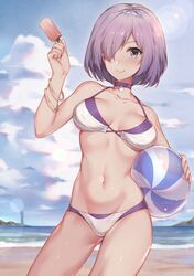  absurdres alternate_costume ball beach beachball bikini blue_sky blush bracelet breasts breasts_apart chinese_commentary cloud collarbone commentary_request cowboy_shot day fate/grand_order fate_(series) female food groin hair_over_one_eye highres holding holding_ball holding_food hua-j ice_cream jewelry lens_flare mash_kyrielight medium_breasts navel outdoors purple_eyes purple_hair revision shiny_skin short_hair sky smile solo standing swimsuit transparent white_bikini 