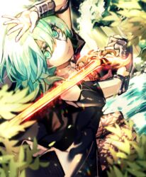  alternate_hair_color arm_up bad_id bad_pixiv_id blurry blurry_foreground byleth_(female)_(fire_emblem) byleth_(fire_emblem) commentary_request enlightened_byleth_(female) female fire_emblem fire_emblem:_three_houses from_above green_hair highres holding holding_sword holding_weapon long_hair looking_at_viewer pantyhose short_sleeves solo sword sword_of_the_creator tida_2112 weapon 