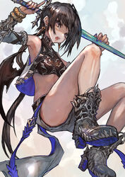  absurdres armor ass bare_shoulders belt black_hair blue_eyes boots breastplate breasts detached_sleeves earrings female high_heels highres holding holding_sword holding_weapon jewelry long_hair looking_at_viewer open_mouth original sabamiso_taro shorts solo sword teeth weapon white_eyes wings 