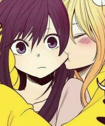  2girls aihara_mei aihara_yuzu biting blonde_hair blush citrus_(saburouta) closed_eyes closed_mouth colorized cropped dress inseki long_hair multiple_girls non-web_source official_art purple_eyes purple_hair saburouta step-siblings step-sisters third-party_edit yellow_dress yuri 