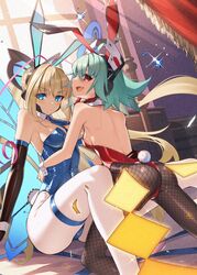  2girls animal_ears aqua_hair ass azure_striker_gunvolt azure_striker_gunvolt_2 back backless_leotard blonde_hair blue_eyes blue_leotard breasts cleavage cluseller expressionless fake_animal_ears fake_tail fishnet_pantyhose fishnets grey_hair highres hug leotard long_hair looking_at_viewer looking_back lumen_(gunvolt) medium_breasts multiple_girls oerba_yun_fang open_mouth pantyhose playboy_bunny rabbit_ears rabbit_tail red_eyes red_leotard roro_(gunvolt) sideboob sitting smile tail thigh_strap very_long_hair white_pantyhose wrist_cuffs 