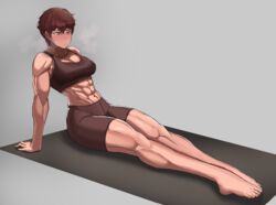  abs absurdres arm_support bike_shorts breasts brown_hair brown_sports_bra female grey_background heavy_breathing highres muscular muscular_female original short_hair simple_background sitting solo soolee040995 sports_bra stretching sweat sweatdrop thighs tomboy yellow_eyes yoga_mat 