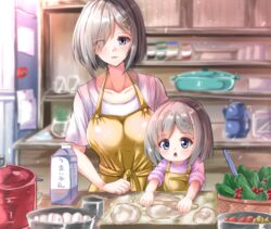  2girls absurdres alternate_costume apron baking baking_sheet blue_eyes bowl breasts grey_hair hair_ornament hair_over_one_eye hairclip hamakaze_(kancolle) highres indoors kantai_collection kentan_(kingtaiki) kitchen large_breasts mother_and_daughter multiple_girls rolling_pin short_hair yellow_apron 