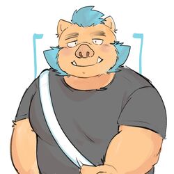  1:1 2022 anthro belly big_belly blue_hair blush clothing cute_fangs ganglie_(tas) hair kemono lifewonders male mammal overweight overweight_male shirt simple_background solo suid suina sus_(pig) tokyo_afterschool_summoners topwear whitebeast20 wild_boar 