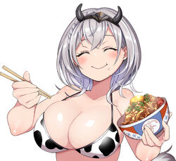  ^_^ animal_print bikini bowl breasts chinese_zodiac chopsticks cleavage closed_eyes collarbone cow_print eyebrows_hidden_by_hair fake_horns female food food_on_face grey_hair gyuudon holding holding_bowl holding_chopsticks hololive horns konboi-eg large_breasts metal_hairband rice rice_on_face shirogane_noel short_hair solo swimsuit virtual_youtuber wavy_hair white_background year_of_the_ox 