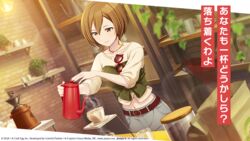  belt bow brown_eyes brown_hair cafe coffee_mug colorful_palette commentary crop_top cup denim earrings eyewear_hang female jeans jewelry meiko_(vocaloid) midriff mug navel official_art pants piapro pouring project_sekai red_nails second-party_source short_hair sleeves_past_elbows smile solo sunglasses translated triangle_earrings unworn_eyewear vivid_bad_squad_(project_sekai) vivid_bad_squad_meiko vocaloid 