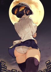  ass back black_bow black_hair black_thighhighs blue_skirt bow building city cloud female filia_(skullgirls) fingernails hair_between_eyes hat hat_bow highres kureta_(nikogori) living_hair looking_back moon outdoors panties parted_lips red_eyes samson_(skullgirls) skirt skullgirls sky thighhighs underwear when_you_see_it white_headwear white_panties yellow_eyes yellow_moon 