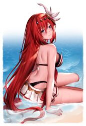  absurdres alexiel_(summer)_(granblue_fantasy) annno_ans arm_support bare_shoulders bikini bikini_skirt blue_eyes blush breasts butt_crack commentary_request commission female godsworn_alexiel granblue_fantasy hair_ornament highres lips long_hair looking_at_viewer medium_breasts red_hair shiny_skin shore simple_background sitting skeb_commission smile swimsuit thighs water water_drop wet 