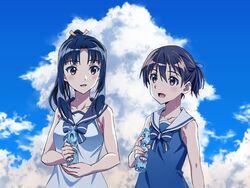  2girls alternate_hairstyle black_eyes black_hair blue_bow blue_bowtie blue_dress blue_ribbon blue_sailor_collar blue_sky bottle bow bowtie brown_eyes brown_hair casual cloud cloudy_sky commentary day dress hair_ribbon hair_up hattori_shizuka highres holding holding_bottle kogarashi51 long_hair looking_at_another miyafuji_yoshika multiple_girls open_mouth outdoors ponytail ramune ribbon sailor_collar sailor_dress short_hair short_ponytail sky sleeveless sleeveless_dress smile standing strike_witches sweat white_dress white_sailor_collar world_witches_series 