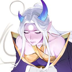  alune_(league_of_legends) asymmetrical_horns bare_shoulders breasts chyaejin closed_eyes closed_mouth collarbone colored_skin facial_mark facing_down female forehead_mark grey_background highres horns league_of_legends long_hair medium_breasts mismatched_horns pink_skin simple_background solo spirit_blossom_(league_of_legends) upper_body white_hair 