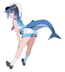  azuumori black_footwear blue_hair female fins fish_tail hat highres looking_at_viewer mako_(azuumori) original parted_lips red_eyes shark_tail short_hair shorts simple_background smile socks solo tail white_background white_hat white_shorts white_socks 