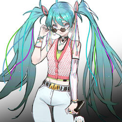  absurdres adjusting_eyewear ahoge alver aqua_hair aqua_nails bag bare_shoulders belt_buckle black_choker blue_eyes bracelet buckle character_name chinese_commentary choker chromatic_aberration commentary earrings eyelashes female film_grain fingernails gradient_background grey_background hand_on_eyewear handbag hatsune_miku highres holding holding_bag hoop_earrings jewelry long_eyelashes long_hair necklace parted_lips pink_lips plectrum polka_dot ring round_eyewear shiny_clothes smile solo tinted_eyewear twintails vocaloid 