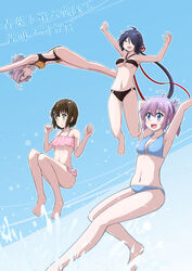  4girls ahoge aoba_(kancolle) barefoot bikini black_bikini black_hair blue_background blue_bikini blue_eyes breasts brown_hair casual_one-piece_swimsuit cleavage closed_eyes commentary_request diving furutaka_(kancolle) green_eyes grey_hair hair_ornament hair_over_one_eye hairclip highres jumping kako_(kancolle) kako_kai_ni_(kancolle) kantai_collection kinugasa_(kancolle) long_hair medium_breasts messy_hair multiple_girls o-ring o-ring_bikini o-ring_top one-piece_swimsuit one_side_up parted_bangs pink_bikini pink_hair ponytail purple_hair scrunchie short_hair sosser swimsuit translation_request yellow_eyes 