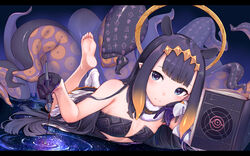  ao-chan_(ninomae_ina&#039;nis) barefoot black_gloves black_hair blunt_bangs book detached_sleeves feet female flat_chest gloves gradient_hair halo highres hinasaki_you holding holding_pen hololive hololive_english long_hair lying mole mole_under_eye monogram multicolored_hair ninomae_ina&#039;nis ninomae_ina&#039;nis_(1st_costume) on_stomach orange_hair pen pointy_ears sidelocks single_detached_sleeve single_thighhigh smile soles solo space star_(sky) tentacle tentacle_hair the_pose thighhighs very_long_hair virtual_youtuber 