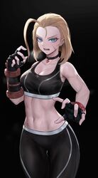  antenna_hair arc2urus bare_shoulders black_background black_choker black_gloves black_pants black_sports_bra blue_eyes breasts breath cammy_white choker cleavage collarbone commentary female fingerless_gloves gloves looking_at_viewer midriff navel open_mouth pants scar scar_on_cheek scar_on_face short_hair simple_background solo sports_bra street_fighter street_fighter_6 sweat yoga_pants 