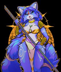  2023 accessory anthro arm_markings arm_tuft armor bandeau black_background blue_body blue_eyes blue_fur blue_hair bottomwear bracers breasts canid canine cheek_tuft choker circlet clothing elbow_tuft eyebrows eyelashes facial_tuft female fluffy fluffy_tail fox fur furgonomics hair hi_res hip_fluff inner_ear_fluff jewelry krystal&#039;s_staff krystal_(star_fox) leg_markings loincloth looking_at_viewer mammal markings navel necklace necromeowncer nintendo portrait ring short_hair shoulder_guards shoulder_tuft simple_background solo staff star_fox tail tail_accessory tail_jewelry tail_ring thigh_markings three-quarter_portrait topwear tuft white_body white_fur 