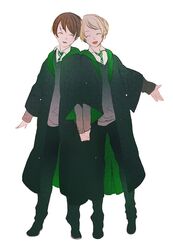  2boys albus_severus_potter black_hair black_robe blonde_hair closed_eyes harry_potter_(series) harry_potter_and_the_cursed_child hogwarts_school_uniform holding_hands ihiro interlocked_fingers multiple_boys necktie robe school_uniform scorpius_malfoy short_hair slytherin smile striped striped_necktie wizarding_world 