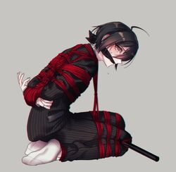  1boy ahoge black_hair bondage bondage bondage bound bound_arms bound_legs danganronpa_(series) danganronpa_v3:_killing_harmony gag gagged grey_background gwanlamcha korean_commentary male_focus red_rope rope saihara_shuichi socks white_footwear yellow_eyes 