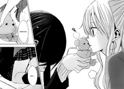  2girls aihara_mei aihara_yuzu blush citrus_(saburouta) earrings embarrassed greyscale hard-translated hard-translated_(non-english) highres inseki jewelry kissing long_hair monochrome multiple_girls non-web_source official_art portuguese_text ribbon saburouta skirt step-siblings step-sisters third-party_edit yuri 