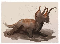  2022 ambiguous_gender beak border brown_background brown_body brown_skin ceratopsian closed_eyes diabloceratops dinosaur extinct feral full-length_portrait glistening glistening_body glistening_scales horn looking_away lying lying_on_ground mud muddy muscular on_ground on_side ornithischian portrait prehistoric_species quills_(anatomy) reptile scales scalie simple_background smile solo striped_body stripes tail the_meep_lord white_border 