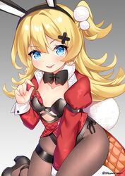  abercrombie_(azur_lane) abercrombie_(mischief_on_the_rocks)_(azur_lane) animal_ears azur_lane blonde_hair blue_eyes blush breasts chili_pepper collarbone commentary_request fake_animal_ears female hair_ornament juugou_taki leotard looking_at_viewer medium_hair official_alternate_costume pantyhose playboy_bunny rabbit_ears simple_background small_breasts solo strapless strapless_leotard tongue tongue_out twitter_username 