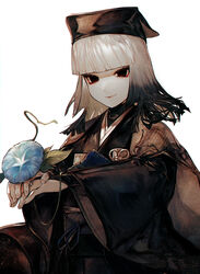  absurdres albino_(a1b1n0623) black_eyes black_hair black_hat black_kimono blue_flower blunt_bangs breasts chajinbou fate/grand_order fate_(series) female flower gradient_hair grey_hair hat highres japanese_clothes kimono long_sleeves looking_at_viewer medium_hair morning_glory multicolored_hair obi sash sen_no_rikyu_(fate) sen_no_rikyu_(second_ascension)_(fate) small_breasts smile solo tassel wide_sleeves 