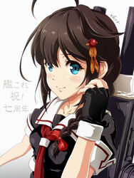  ahoge artist_name black_gloves black_shirt blue_eyes blush bow braid breasts brown_hair closed_mouth collarbone female fingerless_gloves gloves grey_background hair_flaps hair_over_shoulder hairbow kantai_collection long_hair looking_at_viewer neckerchief nolia red_bow red_neckerchief rigging shigure_(kancolle) shigure_kai_ni_(kancolle) shirt short_sleeves signature simple_background single_braid small_breasts smile solo translation_request upper_body 