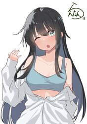  absurdres artist_logo artist_name asashio_(kancolle) black_hair blue_eyes blue_sports_bra collarbone collared_shirt commentary_request dress_shirt female highres kantai_collection lanthan long_hair one-hour_drawing_challenge one_eye_closed open_mouth shirt simple_background solo sports_bra underwear upper_body white_background white_shirt 