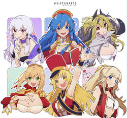  6+girls ahoge arknights arm_up bang_dream! blonde_hair blue_eyes blue_hair blush breasts brown_eyes cleavage closed_mouth commentary english_commentary estelle_(arknights) fate/extra fate_(series) final_fantasy final_fantasy_xiv fire_emblem fire_emblem:_the_binding_blade fire_emblem:_three_houses fork green_eyes grey_hair hand_on_own_chest hat heart highres holding holding_fork hyur jewelry large_breasts lilina_(fire_emblem) long_hair looking_at_viewer lyse_hext lysithea_von_ordelia multiple_drawing_challenge multiple_girls necklace nero_claudius_(fate) nero_claudius_(fate/extra) open_mouth pink_eyes ponytail red_headwear rirene_rn short_hair six_fanarts_challenge smile teeth tsurumaki_kokoro upper_teeth_only 