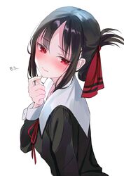  bad_id bad_pixiv_id black_dress blush breasts closed_mouth dress eyelashes female from_side hair_ribbon hand_on_own_chin highres kaguya-sama_wa_kokurasetai_~tensai-tachi_no_renai_zunousen~ long_sleeves looking_away looking_to_the_side nabi_(uz02) neck_ribbon red_eyes red_ribbon ribbon school_uniform shinomiya_kaguya short_hair shuuchiin_academy_school_uniform simple_background small_breasts solo translated upper_body white_background wrist_cuffs 