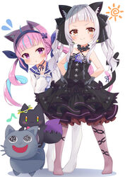  2girls :o absurdres aged_down ahoge anchor_hair_ornament animal_ear_fluff animal_ears bare_shoulders black_bow black_dress black_ribbon blue_choker blue_hair blue_hairband blue_sailor_collar blunt_bangs blush bow brooch brown_eyes brown_legwear cat_ears cat_girl cat_tail choker closed_mouth collarbone colored_inner_hair commentary_request criss-cross_halter divergenceok dress drill_hair flying_sweatdrops frilled_bow frilled_choker frilled_ribbon frilled_sailor_collar frills full_body gothic_lolita hair_ornament hair_ribbon hairband halter_dress halterneck highres hololive jewelry lolita_fashion long_hair long_sleeves looking_at_viewer minato_aqua minato_aqua_(sailor) multicolored_hair multiple_girls murasaki_shion murasaki_shion_(gothic_lolita) musical_note neko_(minato_aqua) no_shoes official_alternate_costume pantyhose parted_lips pink_hair puffy_long_sleeves puffy_sleeves purple_eyes ribbon sailor_collar shiokko_(murasaki_shion) shirt short_eyebrows sidelocks simple_background sleeves_past_fingers sleeves_past_wrists smile standing star_brooch tail tail_bow tail_ornament twin_drills twintails virtual_youtuber white_background white_hair white_legwear white_shirt 