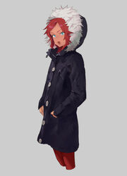  black_coat black_jacket blue_eyes coat commentary_request cropped_legs dark-skinned_female dark_skin female fur-trimmed_hood fur_trim grey_background hand_in_pocket hood hood_up hooded_coat jacket kureta_(nikogori) long_hair long_sleeves looking_at_viewer open_mouth original pants red_hair red_pants simple_background solo swept_bangs tongue zipper zipper_pull_tab 