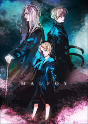  3boys blonde_hair blue_eyes cane draco_malfoy father_and_son grandfather_and_grandson harry_potter_(series) harry_potter_and_the_cursed_child holding holding_cane ihiro long_coat long_hair lucius_malfoy multiple_boys scorpius_malfoy short_hair turtleneck wizarding_world 