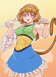  big_mouse blue_dress brown_hair circlet detached_sleeves dress female green_dress long_hair low_twintails multicolored_clothes multicolored_dress open_mouth prehensile_tail red_eyes single-shoulder_dress single_detached_sleeve smug solo son_biten tail touhou twintails white_sleeves yellow_dress 