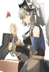  2girls absurdres arknights ashlock_(arknights) ashlock_(elite_ii)_(arknights) bandages bare_shoulders flametail_(arknights) grey_eyes grey_hair headgear highres knee_up long_sleeves looking_at_viewer midriff multiple_girls short_hair signal_1120 sitting smile thighs wrist_wrap 