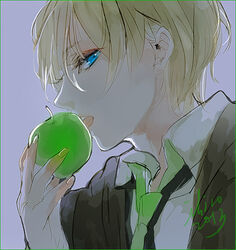  1boy apple blonde_hair blue_eyes border draco_malfoy food fruit green_apple green_border harry_potter_(series) hogwarts_school_uniform holding holding_food holding_fruit ihiro male_focus robe school_uniform short_hair slytherin solo wizarding_world 