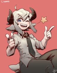  absurdres artist_name black_necktie black_pants blue_eyes blush borrowed_character demas_(shamedic13) goat_tail goatdraw grey_hair grey_shirt highres index_finger_raised medium_hair necktie one_eye_closed open_mouth original pants red_background shirt simple_background smile star_(symbol) 