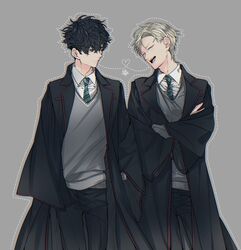  2boys albus_severus_potter black_robe blonde_hair crossed_arms harry_potter_(series) harry_potter_and_the_cursed_child highres hogwarts_school_uniform karasumaru_(xkrsmr) multiple_boys necktie robe school_uniform scorpius_malfoy short_hair slytherin smile striped striped_necktie wizarding_world 